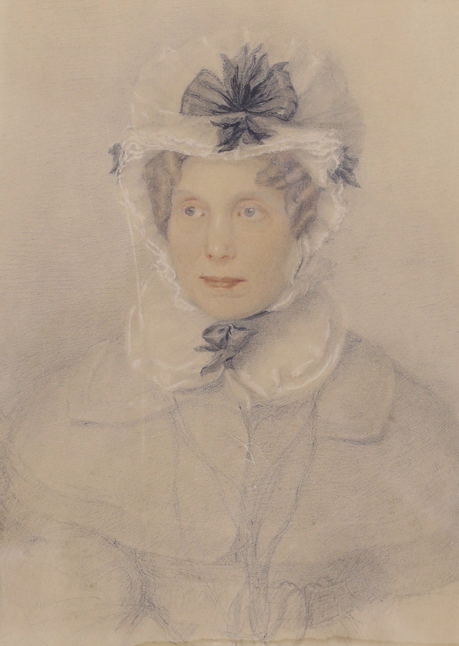 Attributed to George Richmond RA (1809-1896), pencil and watercolour on paper, portrait of a lady in a bonnet, 26 x 19cm